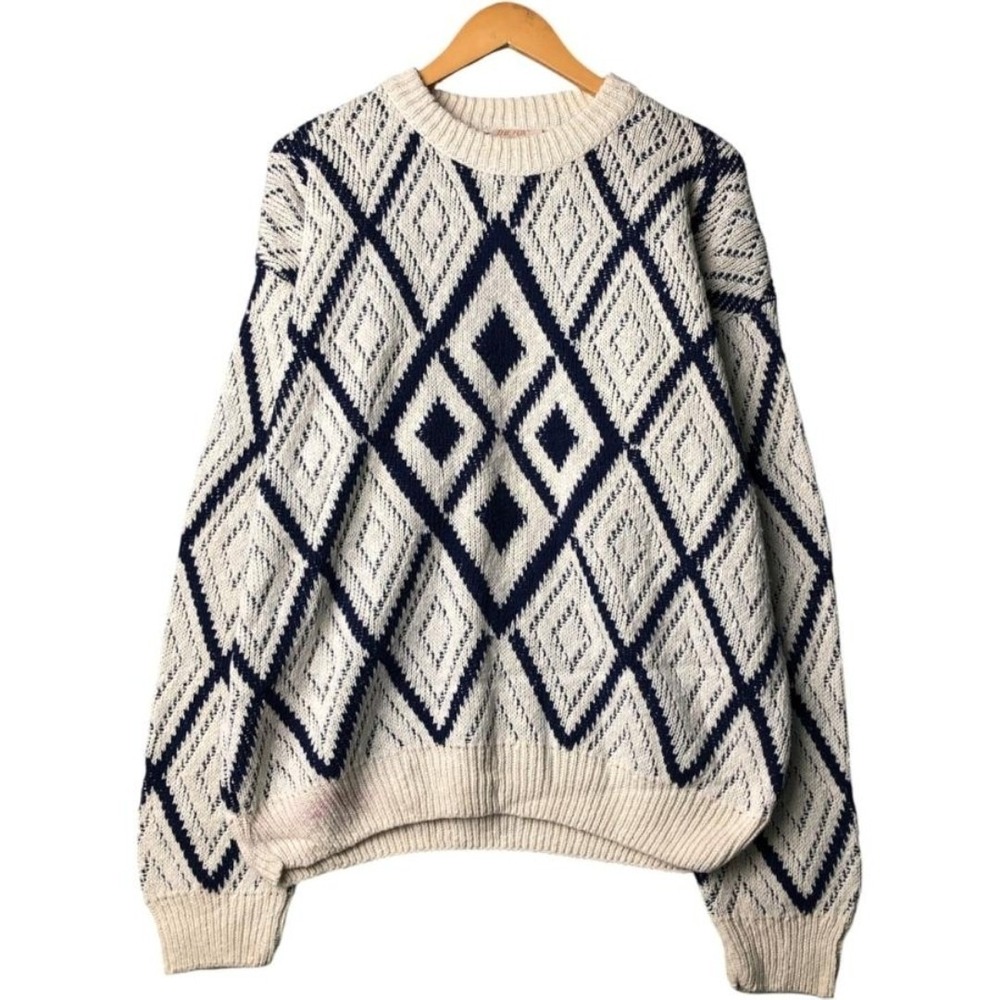 Vintage 90s The Fox Collection Sweater Medium Mens Preppy Argyle Navy Crewneck
